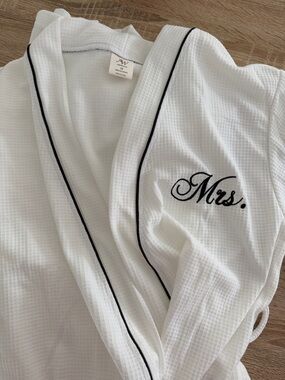 Mrs. White Waffle Robe with Black Trim
